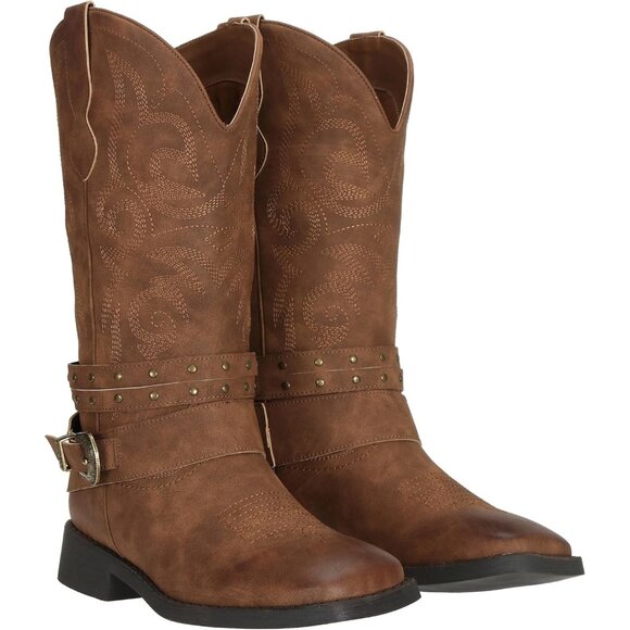 Women's Cowgirl Boots with Buckles Wide Mid Calf Western Cowboy Boots Square Toe - Picture 7 of 8